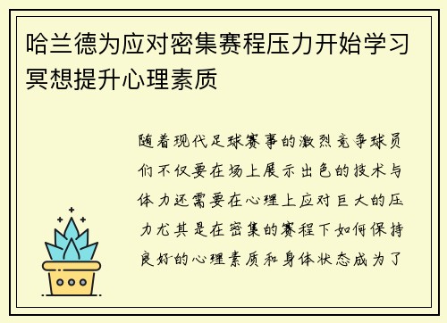 哈兰德为应对密集赛程压力开始学习冥想提升心理素质